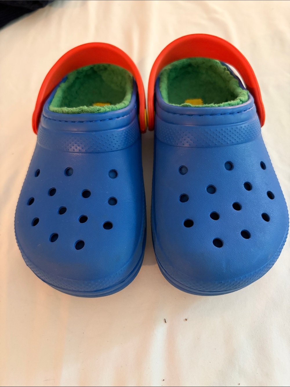 CROCS Kids Blue Clogs with Red Strap and Green Lining